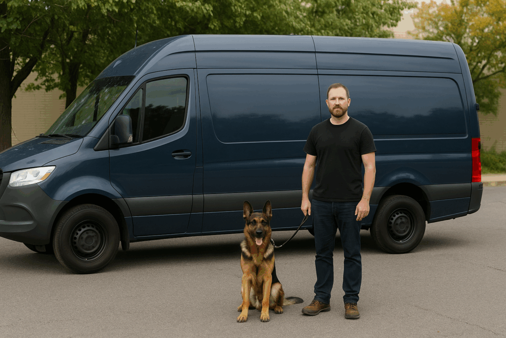 Private NJ narcotics detection team, handler and German Shepherd drug dog next to unmarked van for confidential residential and workplace sweeps.
